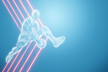 Image of a basketball player in a jump. Creative collage, sports flyer. Basketball concept, sport, game, healthy lifestyle. Copy space, 3D illustration, 3D render