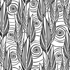 Abstract black-white seamless pattern with leaves and spirals. Contour drawing of a plant Isolated on a white background. Monochrome silhouette of plants.