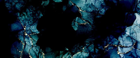 Dark blue alcohol ink background with gold design paths, liquid design illustration, fluid art wallpaper for print with black spots