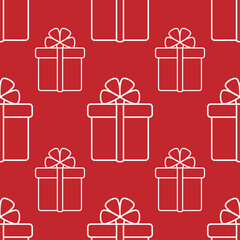 Seamless pattern with white simple gift boxes icon isolated on red background.