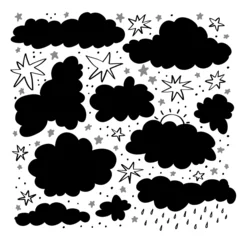 Foto auf Glas Set of doodle stars and clouds silhouettes. Thunderclouds, cloudy weather. Vector illustration of hand drawn sky silhouettes on white background. © Larisa Zaytseva