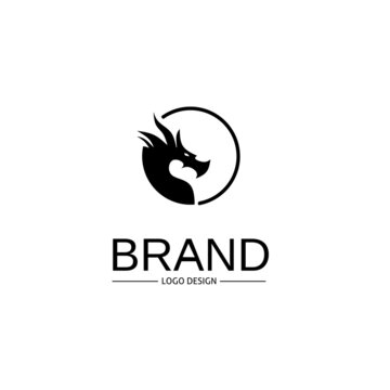 silhouette logo design template, with dragon head icon in circle,