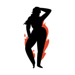 Female silhouette on a white background. Young attractive girl with fiery forms posing. Vector stock illustration of a confident woman without complexes isolated.