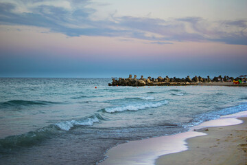 Seascape at sunset. Landscape on the Romanian coast, at the Black Sea.