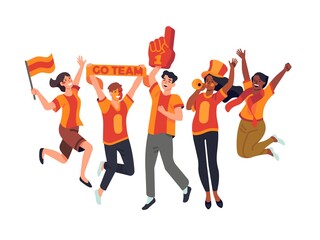 Sport fans. Happy friends rooting for their soccer team, supporters watch football game, competitions audience, cheerleading. Vector set © VectorBum