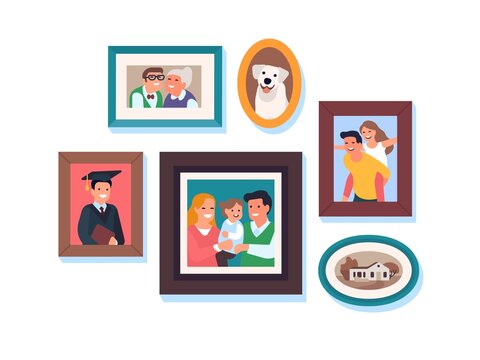 Family photos. Kids and parents framed portraits, happy relatives, Moms and dads, grandparents, son and daughter, lives moments. Vector set