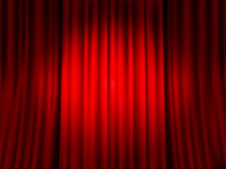 Closed red curtain. Spotlight round spot on red velvet veil background, drama theater, velours textile drape stage decor. Vector background