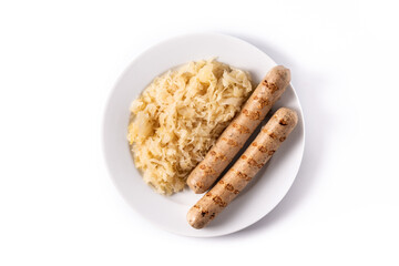 Bratwurst sausage and sauerkraut isolated on white background. typical german food	