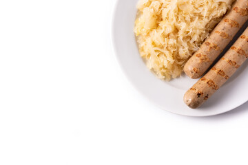 Bratwurst sausage and sauerkraut isolated on white background. typical german food	