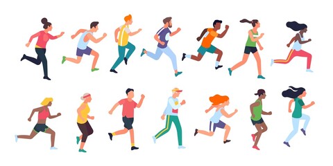 Running people. Sport activity, men and women run, athletes in uniforms, different runners characters, international marathon