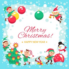 Fototapeta na wymiar Christmas elves poster. New year holiday greeting card, funny little little people, Santas helpers, winter main celebration, vector concept