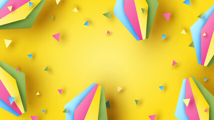 Festa Junina festival with party paper lantern and colorful confetti on yellow blank space. Festa Funina background. paper cut and craft style. vector, illustration. - obrazy, fototapety, plakaty