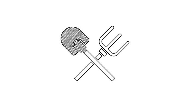 Black line Shovel and rake icon isolated on white background. Tool for horticulture, agriculture, gardening, farming. Ground cultivator. 4K Video motion graphic animation