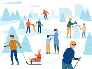 Winter outdoor activity. Happy parents with children walk, have fun in snow city park, people go skiing, making snowman. Vector background