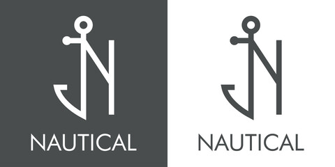 Logotipo con texto Nautical y silueta de ancla de barco con forma de letra inicial N con lineas en fondo gris y fondo blanco © teracreonte