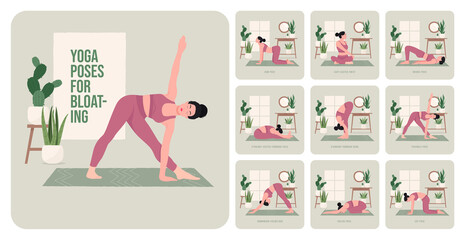 	
Yoga poses For Bloating. Young woman practicing Yoga pose. Woman workout fitness, aerobic and exercises. Vector Illustration