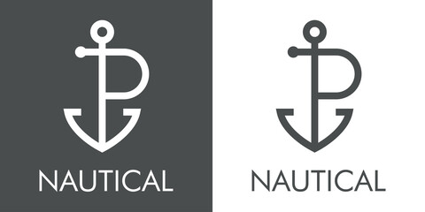 Logotipo con texto Nautical y silueta de ancla de barco con forma de letra inicial P con lineas en fondo gris y fondo blanco