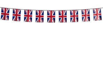 pretty many United Kingdom (UK) flags or banners hanging on string isolated on white - any occasion flag 3d illustration..