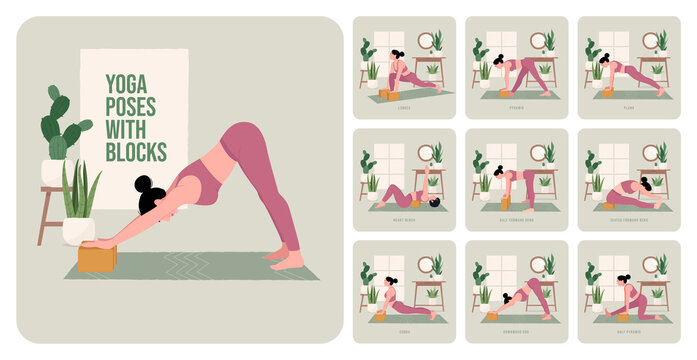 	
Yoga poses Yoga blocks. Young woman practicing Yoga pose. Woman workout fitness, aerobic and exercises. Vector Illustration