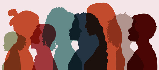 Silhouette group of multiethnic women and man who talk and share ideas and information. Communication and friendship women or girls of diverse cultures. Women social network community. Speak	 - obrazy, fototapety, plakaty