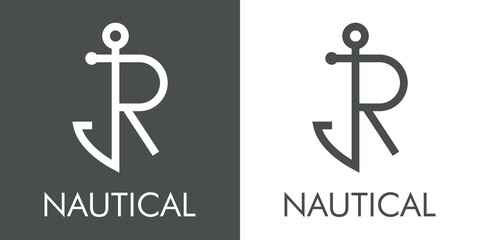 Logotipo con texto Nautical y silueta de ancla de barco con forma de letra inicial R con lineas en fondo gris y fondo blanco