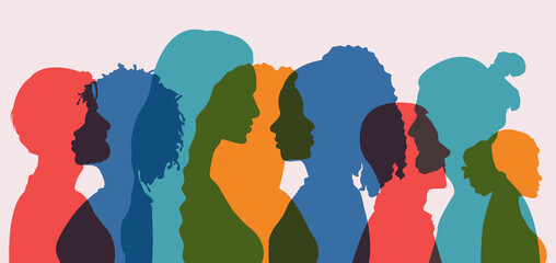 Silhouette group of multiethnic women and man who talk and share ideas and information. Communication and friendship women or girls of diverse cultures. Women social network community. Speak	
