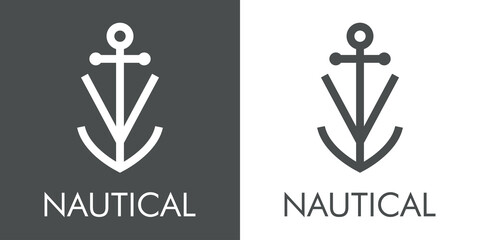 Logotipo con texto Nautical y silueta de ancla de barco con forma de letra inicial V con lineas en fondo gris y fondo blanco