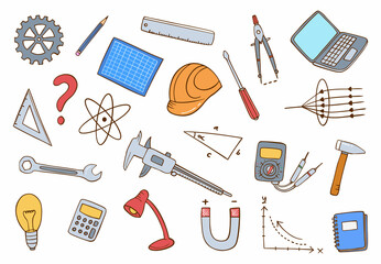 jobs or profession engineering concept doodle hand drawn set collections with flat outline style