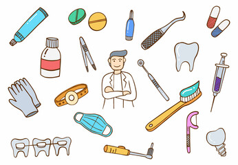 dentist doctor jobs profession concept doodle hand drawn set collections with flat outline style