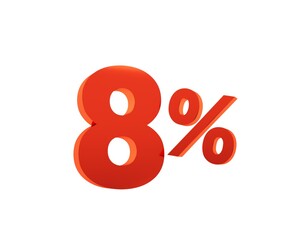 Red eight percent on white background. 3d render.