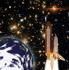Naklejka premium Rocket and earth. Galaxy and stars. The elements of this image furnished by NASA.