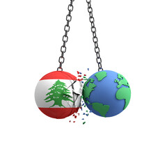 Lebanon flag ball hits planet earth. Environmental impact concept. 3D Render