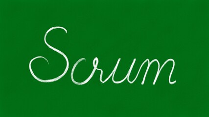 Agile scrum methodology for project management. Scrum written on green board with chalk