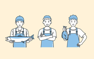 漁師　漁業　男性　水揚げ　鮭　収穫　イラスト素材