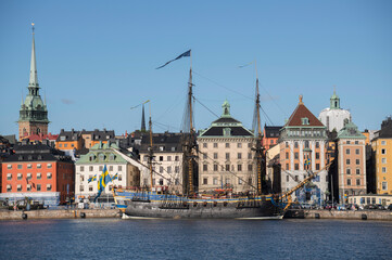 Panorama view over the inner harbor of Stockholm with the old sailing replica of the Swedish East...
