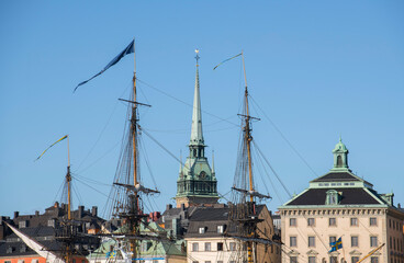 Panorama view over the inner harbor of Stockholm with the old sailing replica of the Swedish East...