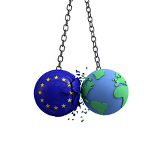 Europe flag ball hits planet earth. Environmental impact concept. 3D Render