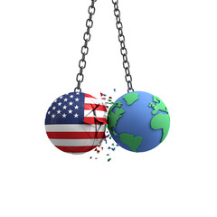 USA flag ball hits planet earth. Environmental impact concept. 3D Render