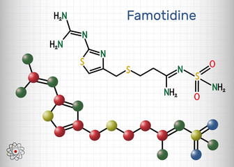 Famotidine, molecule. It is used for treatment of peptic ulcer disease, heartburn, gastroesophageal reflux disease. Structural chemical formula and molecule model. Sheet of paper in a cage