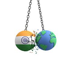 India flag ball hits planet earth. Environmental impact concept. 3D Render