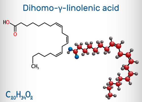Dihomo-&gamma;-linolenic acid (DGLA) molecule. It is Omega 6, polyunsaturated long-chain fatty acid. Structural chemical formula and molecule model