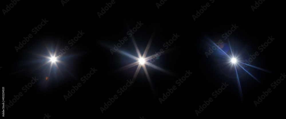 Fototapete Easy to add lens flare effects for overlay designs or screen blending mode to make high-quality images. Set of abstract sun burst, digital flare, iridescent glare over black background.