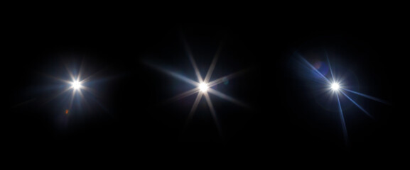 Easy to add lens flare effects for overlay designs or screen blending mode to make high-quality images. Set of abstract sun burst, digital flare, iridescent glare over black background.