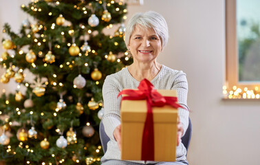 Obraz na płótnie Canvas winter holidays, old age and people concept - happy smiling senior woman with christmas gift at home