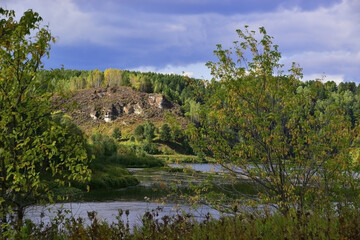 Fototapeta na wymiar Lobach stone on the right bank of the Sylva river valley in the Kishert district of the Perm region.