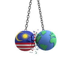 Malaysia flag ball hits planet earth. Environmental impact concept. 3D Render