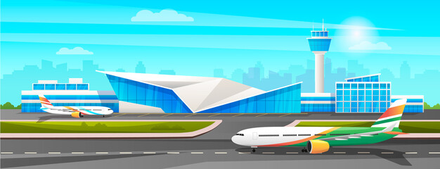 Modern international airport building with airplanes, terminal, runway and gate. Panoramic aerodrome landscape. Urban architecture with clouds and sky in the background. Vector graphic illustration - obrazy, fototapety, plakaty