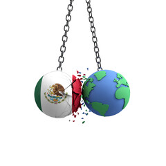 Mexico flag ball hits planet earth. Environmental impact concept. 3D Render