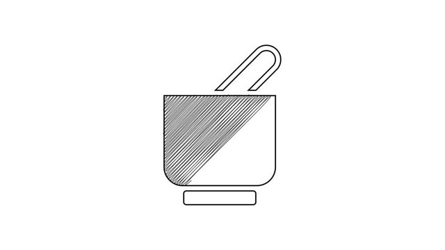 Black line Mortar and pestle icon isolated on white background. 4K Video motion graphic animation