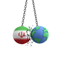 Iran flag ball hits planet earth. Environmental impact concept. 3D Render